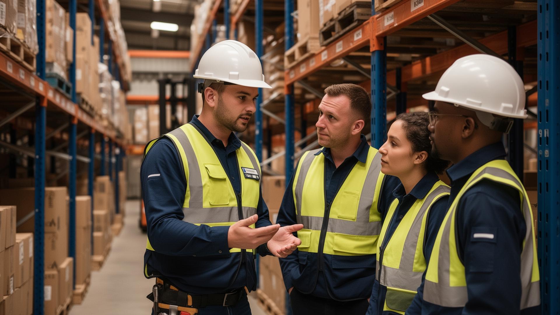Frontline supervisor coaching team members in a distribution warehouse