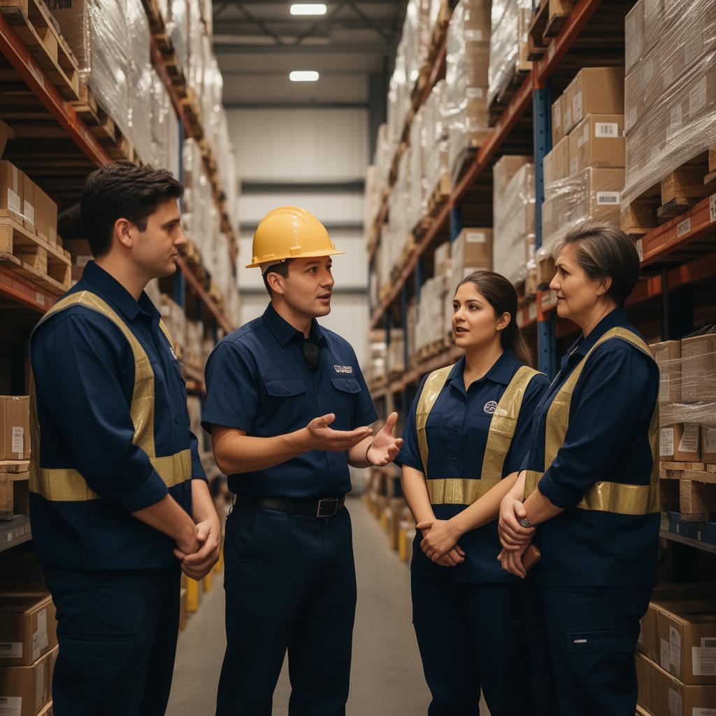 Supervisor coaching frontline associates in a distribution center aisle