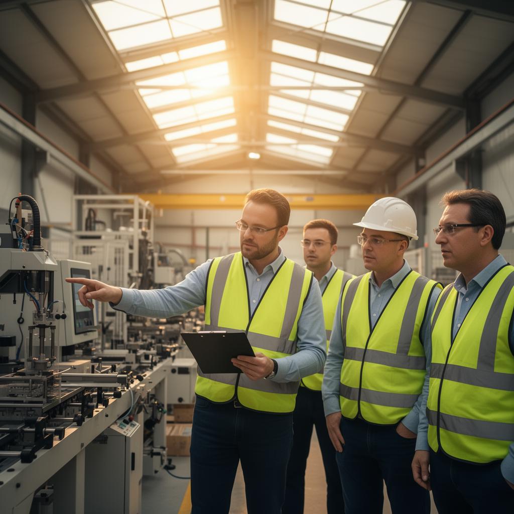 Shift lead reviewing the plan with operators on a manufacturing line