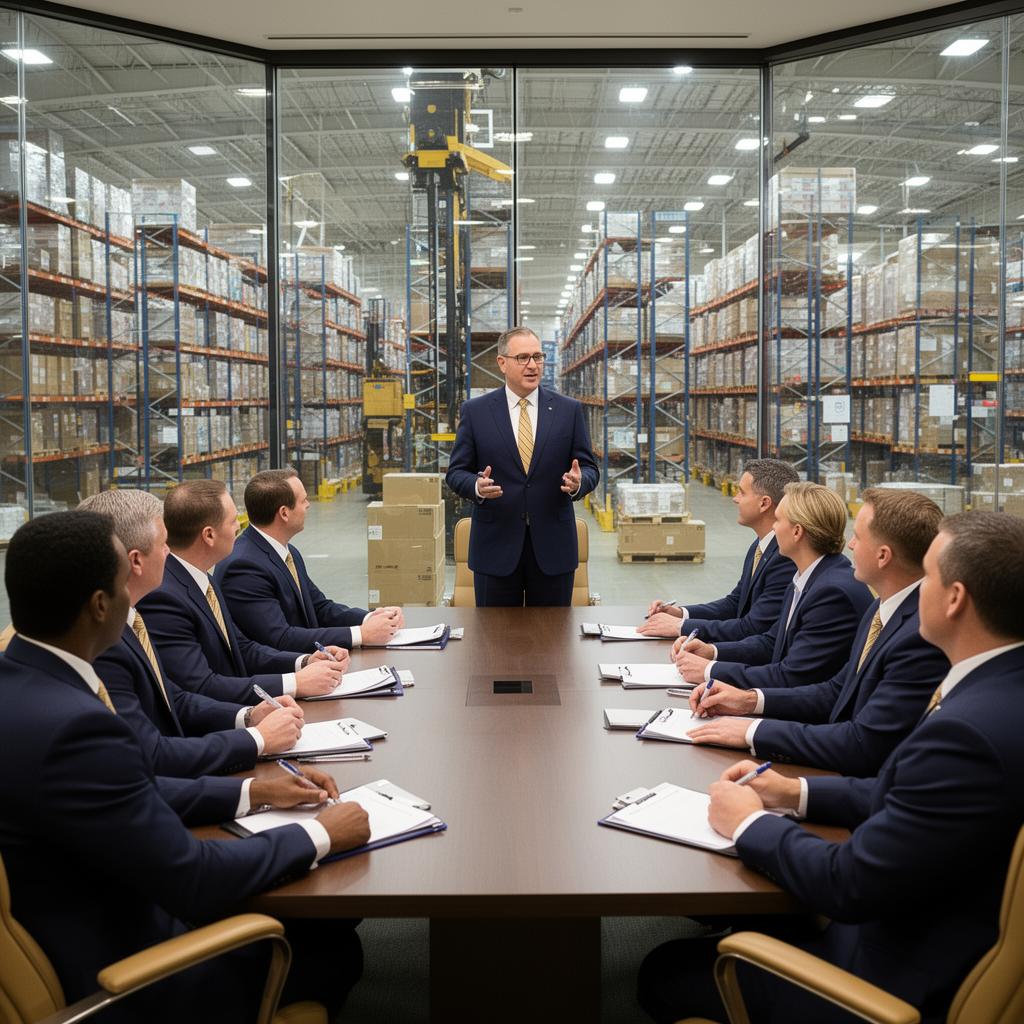Leadership workshop in a conference room overlooking a warehouse